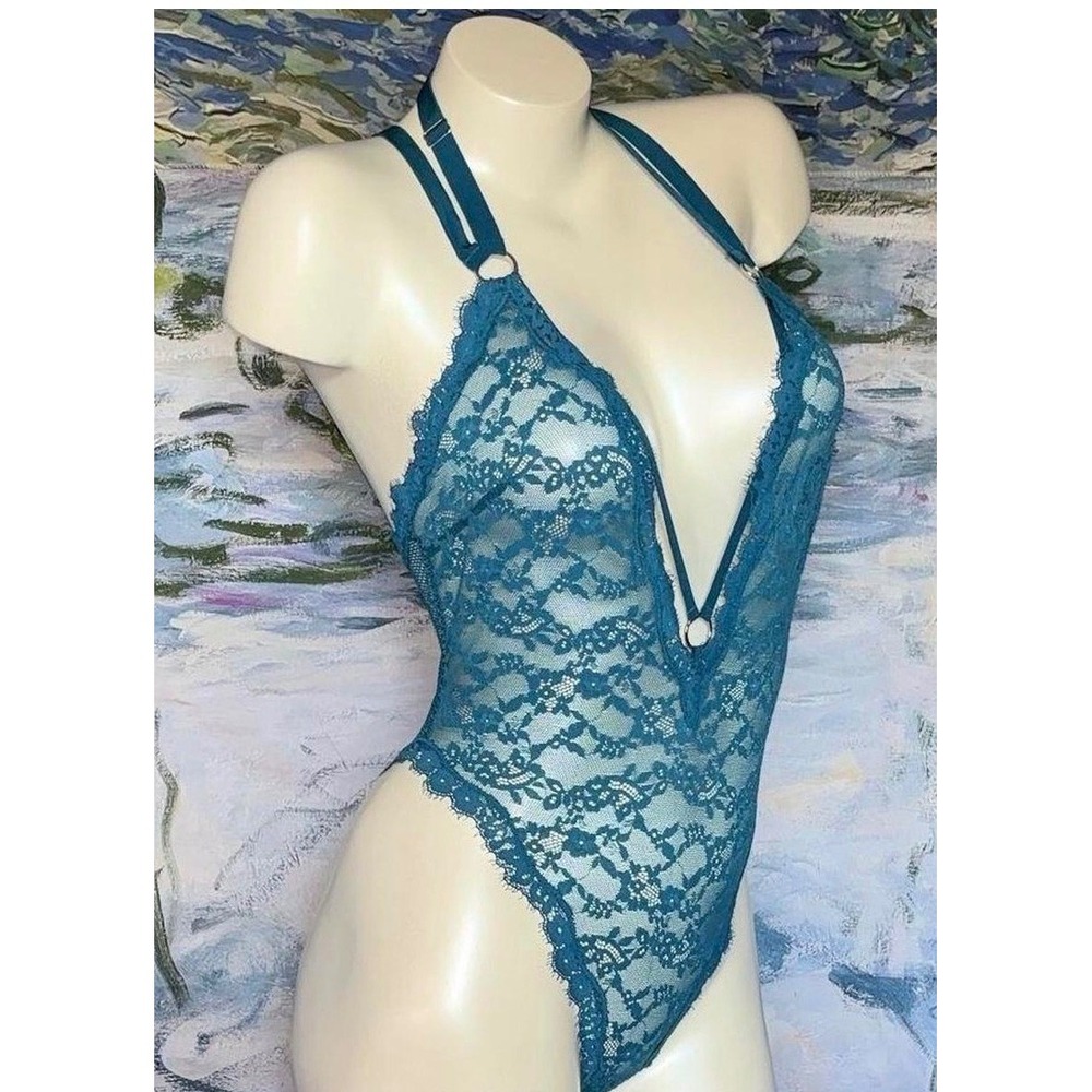 Victoria's Secret Teal Blue Lace Fishnet O-Ring Plunging Bodysuit Small